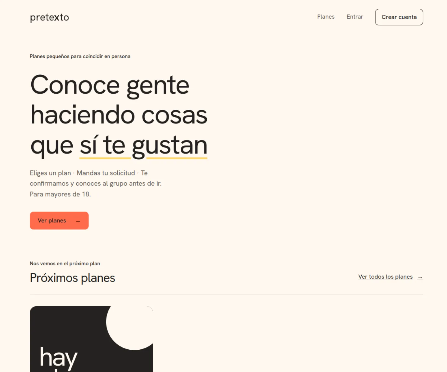 Pretexto home page showing its in-person social plans proposition